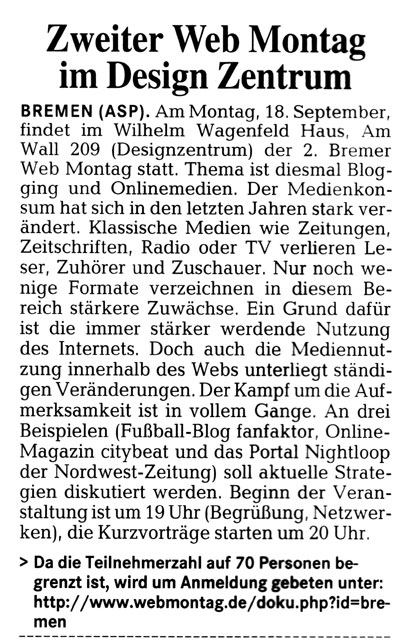 Weser Kurier zweiter Webmontag Artikel