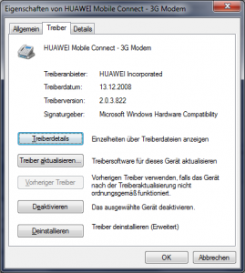 Treiberversion (2.0.3.822 vom 13.12.2008) für das HUAWEI 3G Modem