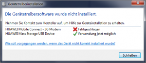 Gerätetreibersoftware für "HUAWEI Mobile Connect - 3G Modem" wurde nicht installiert