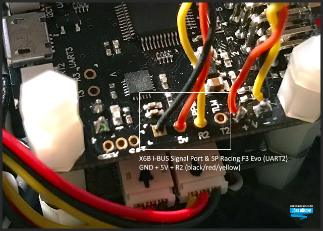 X6B I-BUS Signal Port & SP Racing F3 Evo (UART2) GND + 5V + R2 (black/red/yellow)